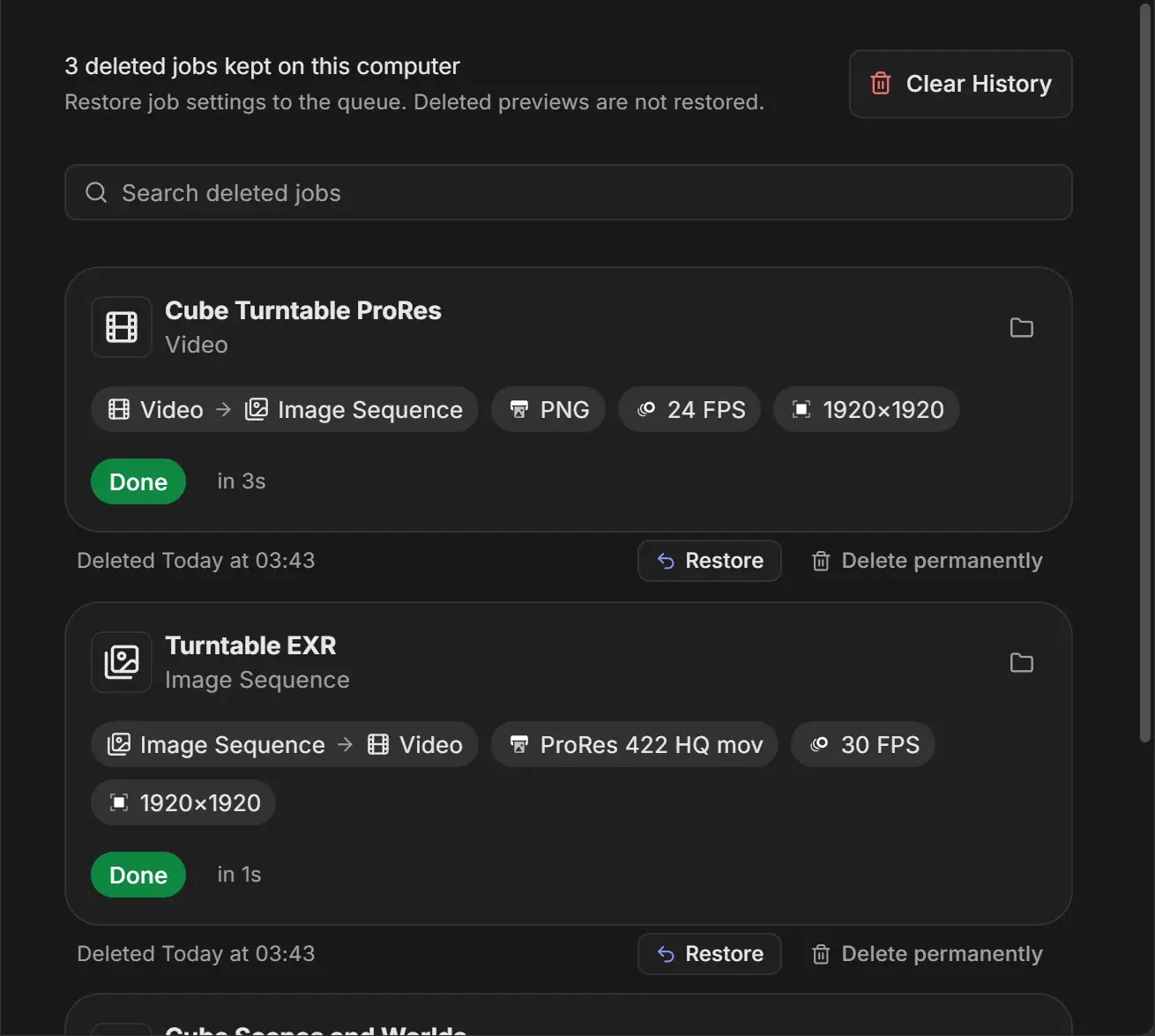 History page listing three removed jobs, each with its badges, the time it was deleted, a Restore button and Delete permanently, below the search field and Clear History button