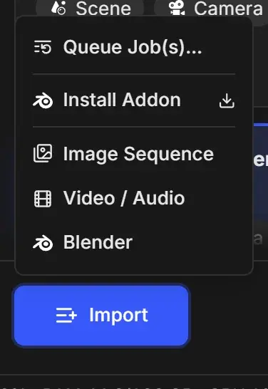 Import menu opened above the Import button with Queue Job(s)…, Install Addon, Image Sequence, Video / Audio and Blender