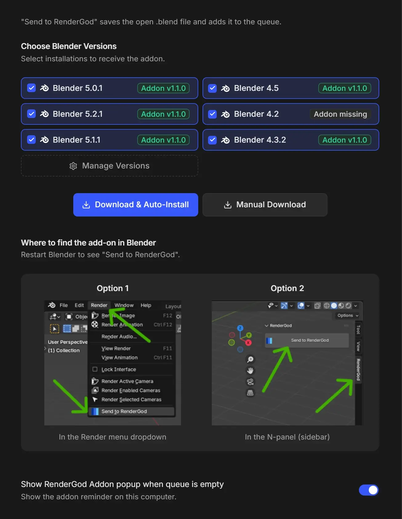 Install Blender Addon page with six Blender versions selected, their add-on status badges, the Download & Auto-Install and Manual Download buttons, and pictures showing where Send to RenderGod appears in Blender