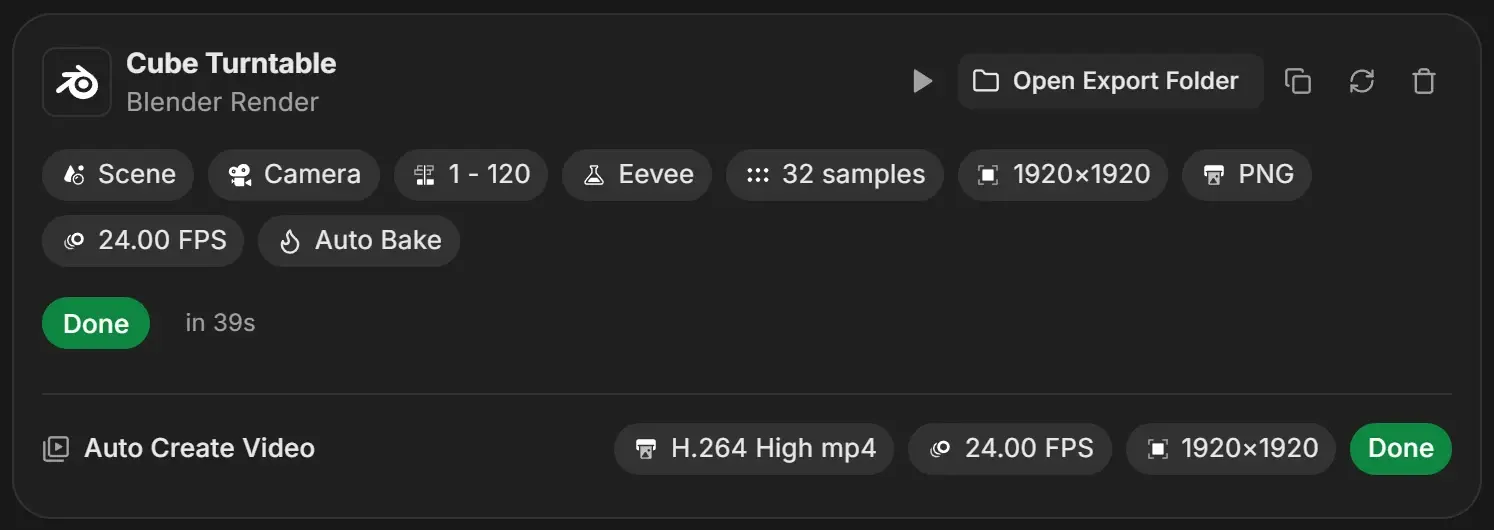Job card for Cube Turntable with an Auto Create Video row showing H.264 High mp4, 24.00 FPS, 1920×1920 and a green Done status