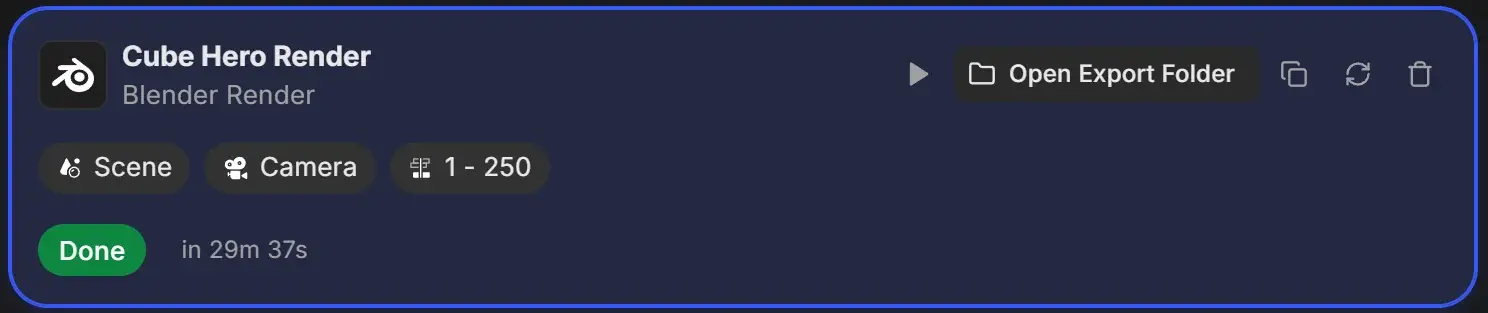 Finished Cube Hero Render job card with the green Done status, in 29m 37s, and the Open Export Folder button