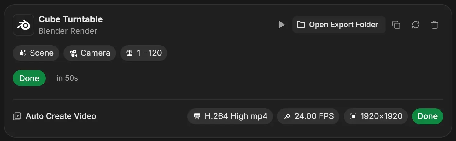 Finished Cube Turntable job card with an Auto Create Video row showing H.264 High mp4, 24.00 FPS, 1920 by 1920 and a green Done pill
