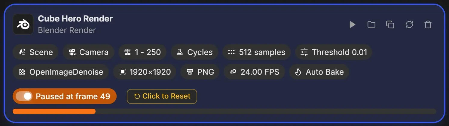 Job card for Cube Hero Render with an orange Paused at frame 49 status, a Click to Reset button and a short orange progress bar