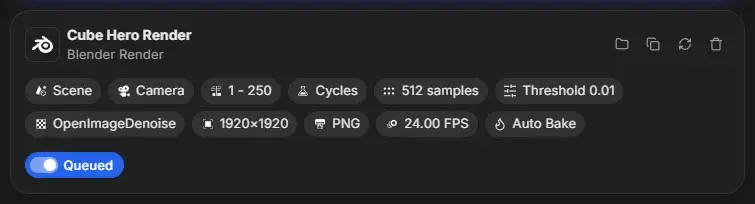 Job card for Cube Hero Render with a blue Queued status and its switch turned on