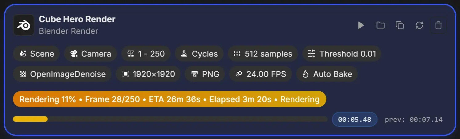 Job card for Cube Hero Render with an amber status reading Rendering 11%, Frame 28/250, ETA 26m 36s, Elapsed 3m 20s, a yellow progress bar and a frame timer