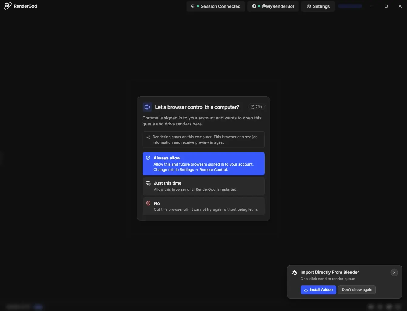Let a browser control this computer? dialog with a 111s countdown and the choices Always allow, Just this time and No, each with its description