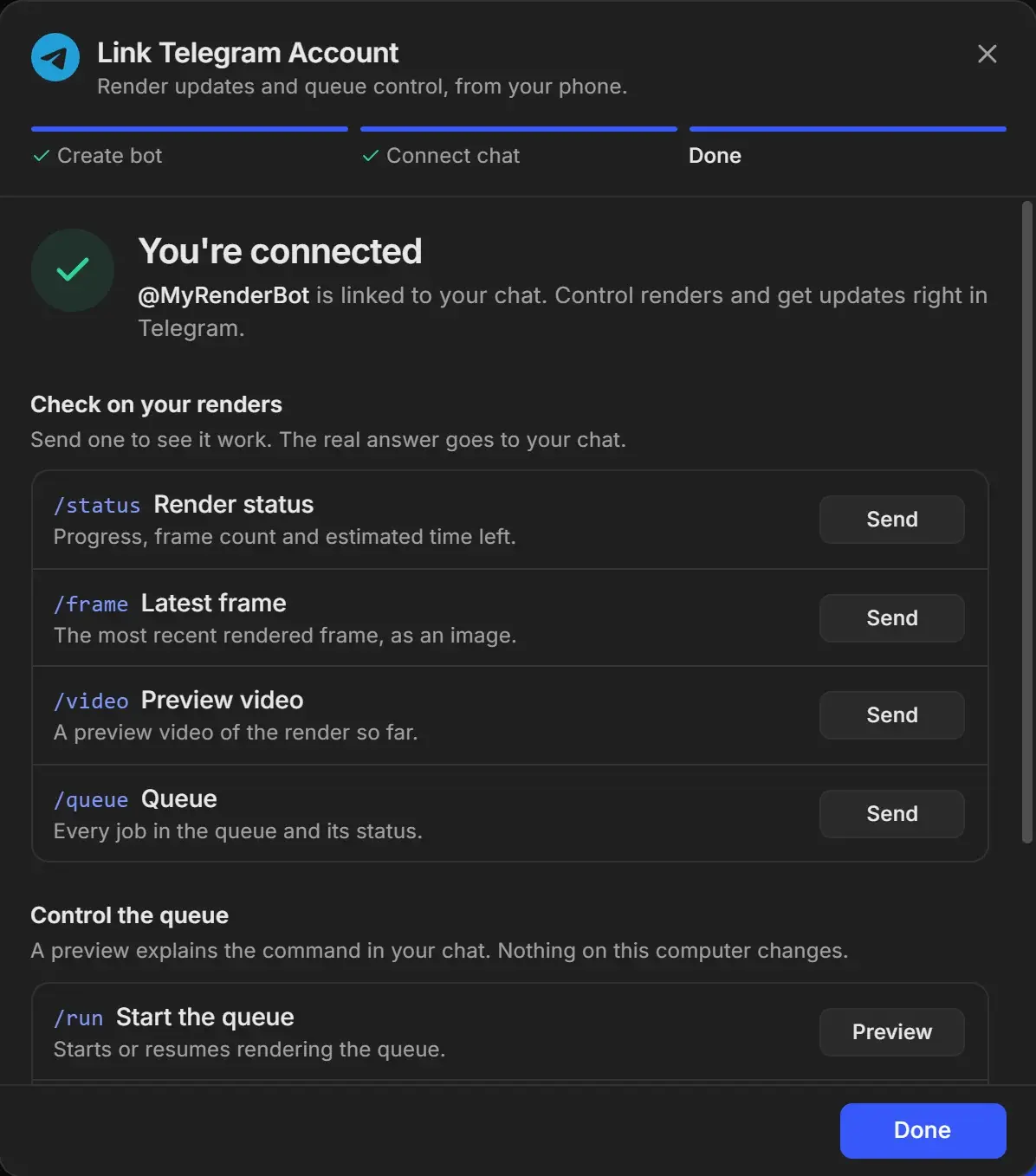 Link Telegram Account dialog on You're connected, with @MyRenderBot linked to your chat, Send buttons for /status, /frame, /video and /queue, and a Preview button for /run