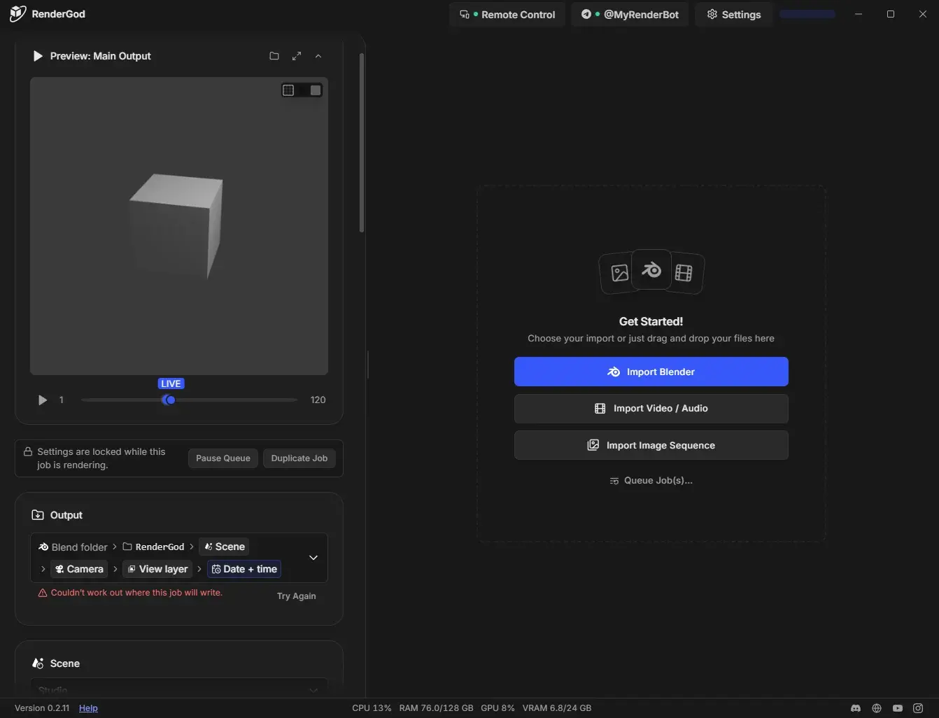 Live render preview showing a rendered cube and the blue LIVE marker above the frame slider
