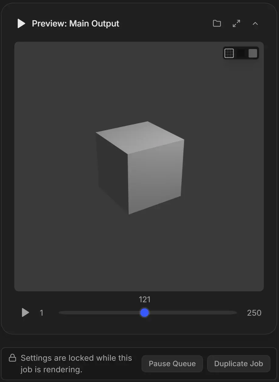 Preview: Main Output card during a render showing frame 121 of 1 to 250, above the notice Settings are locked while this job is rendering with Pause Queue and Duplicate Job buttons