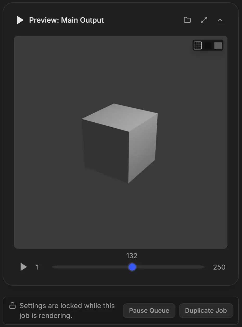 Preview: Main Output card showing the rendered cube with a frame slider from 1 to 250, and below it the notice Settings are locked while this job is rendering with Pause Queue and Duplicate Job buttons