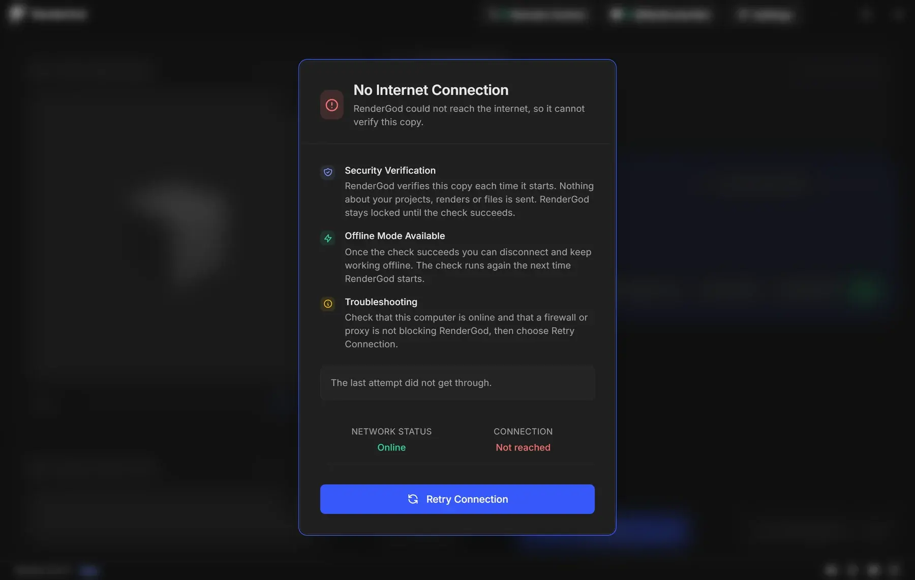 No Internet Connection window covering RenderGod, with the Security Verification, Offline Mode Available and Troubleshooting sections, Network Status Online, Connection Not reached, and the Retry Connection button