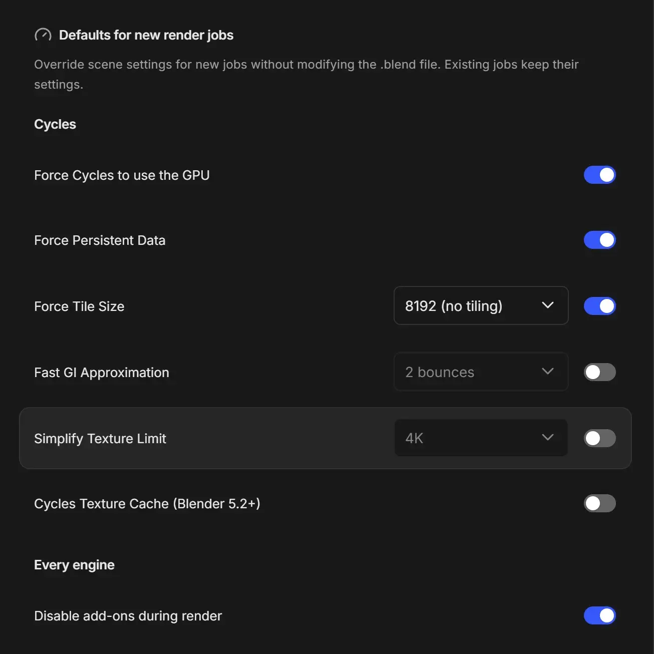 Optimization Overrides defaults with Force Cycles to use the GPU, Force Persistent Data and Force Tile Size at 8192 (no tiling) switched on, Fast GI Approximation at 2 bounces, Simplify Texture Limit at 4K and Cycles Texture Cache (Blender 5.2+) switched off, and Disable add-ons during render switched on