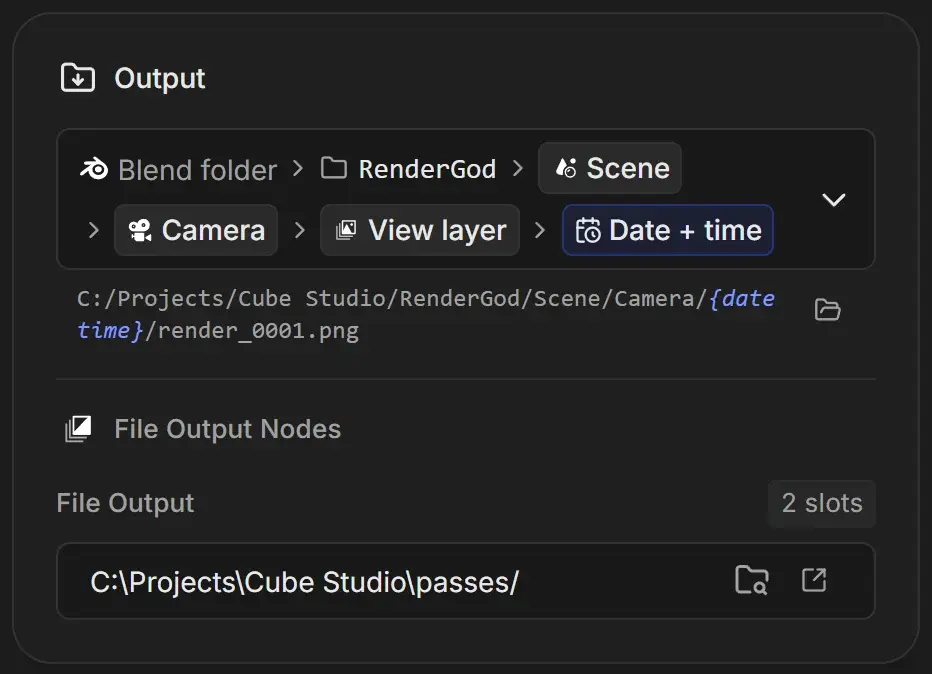 Output card with the Organized template path and a File Output Nodes section listing a File Output node with 2 slots and the folder C:\Projects\Cube Studio\passes