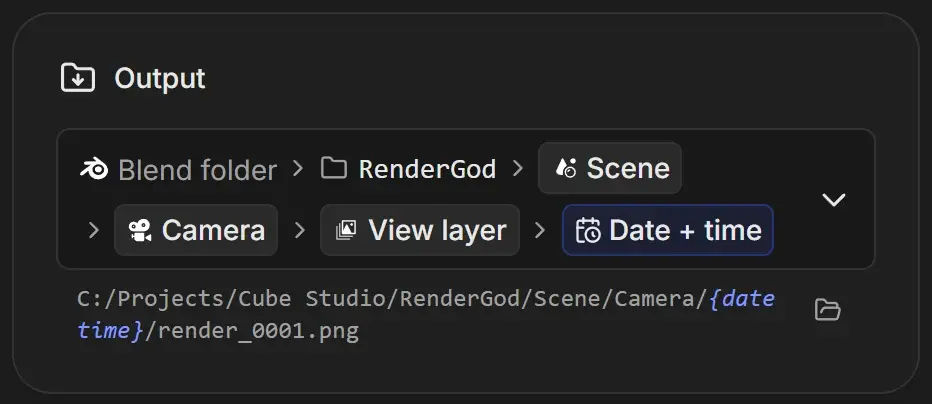 Output card showing the template Blend folder, RenderGod, Scene, Camera, View layer, Date + time and the resolved path C:/Projects/Cube Studio/RenderGod/Scene/Camera/datetime/render_0001.png