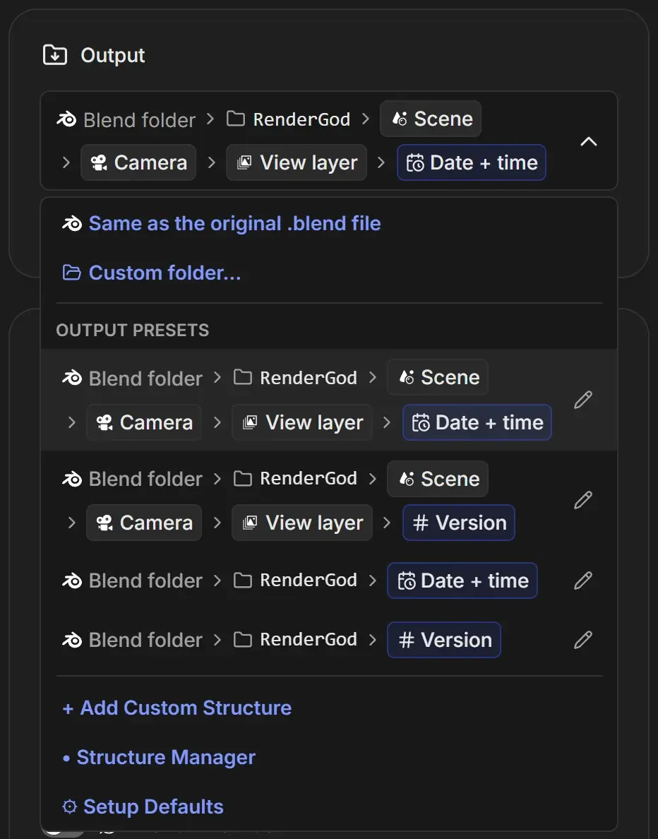 Output template dropdown open with Same as the original .blend file, Custom folder, four output presets with edit pencils, Add Custom Template, Output Templates Manager and Setup Defaults