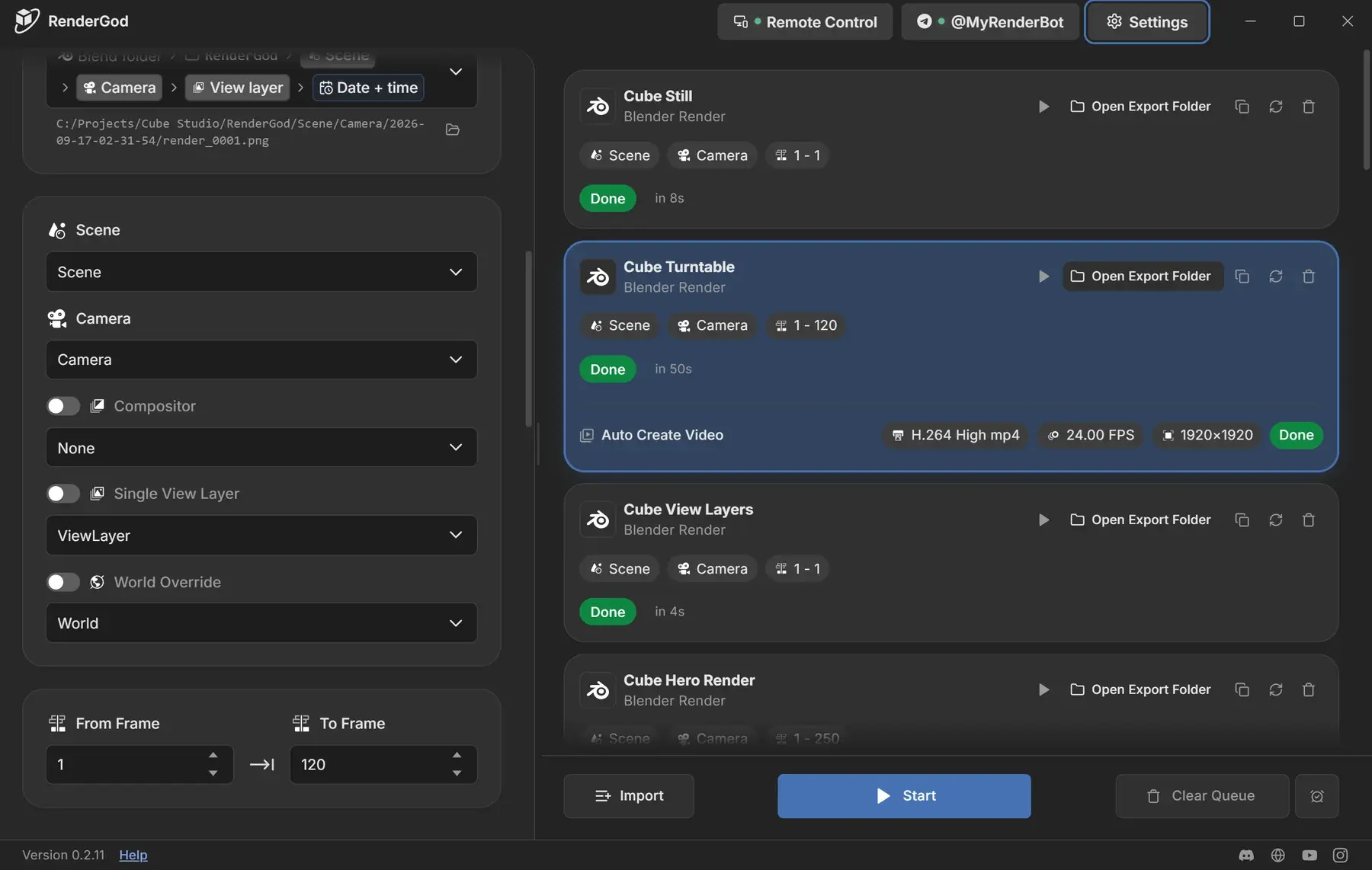 RenderGod in the dark theme with the Blender palette, showing Blender-style greys and a muted blue selection on the job card