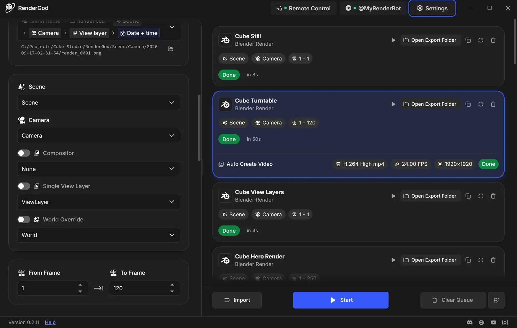 RenderGod in the dark theme with the Neutral palette, showing neutral dark grey panels and a blue selected job card