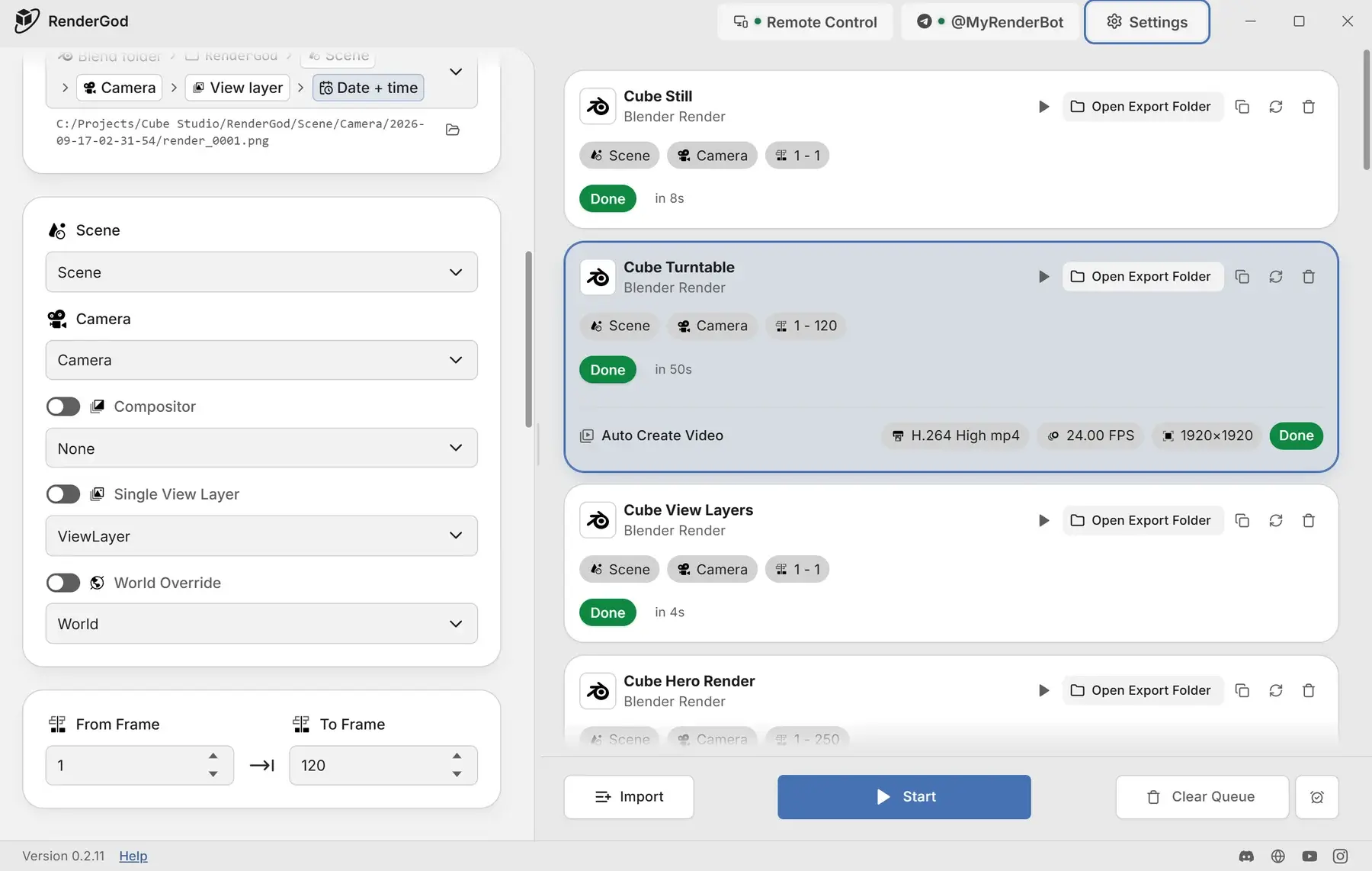 RenderGod in the light theme with the Neutral palette: light grey chrome, white job cards, green Done statuses and a blue Start button