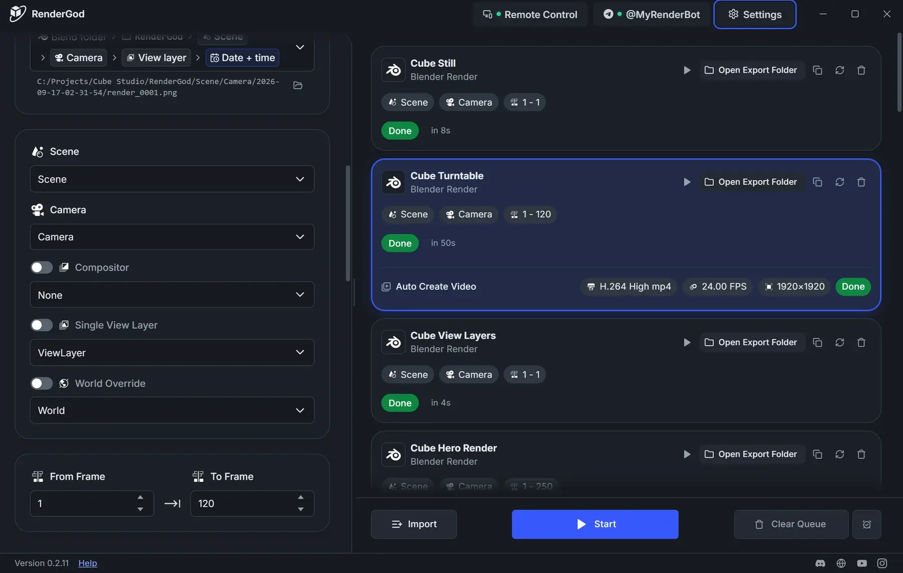 RenderGod in the dark theme with the Slate palette, showing cool blue-grey panels