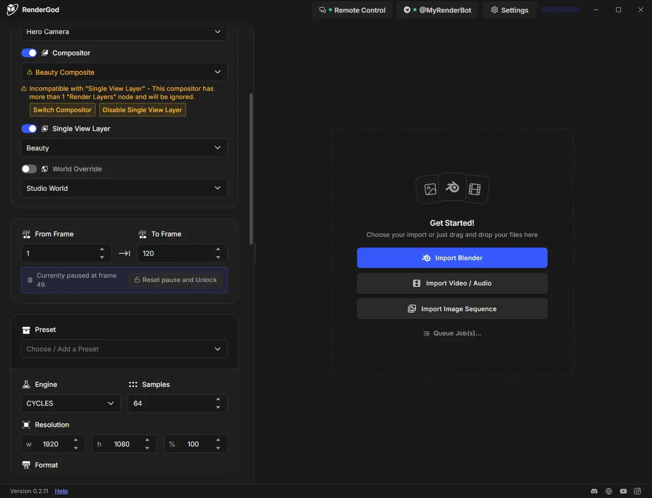 Paused render job frame range showing Currently paused at frame 49 and the Reset pause and Unlock button