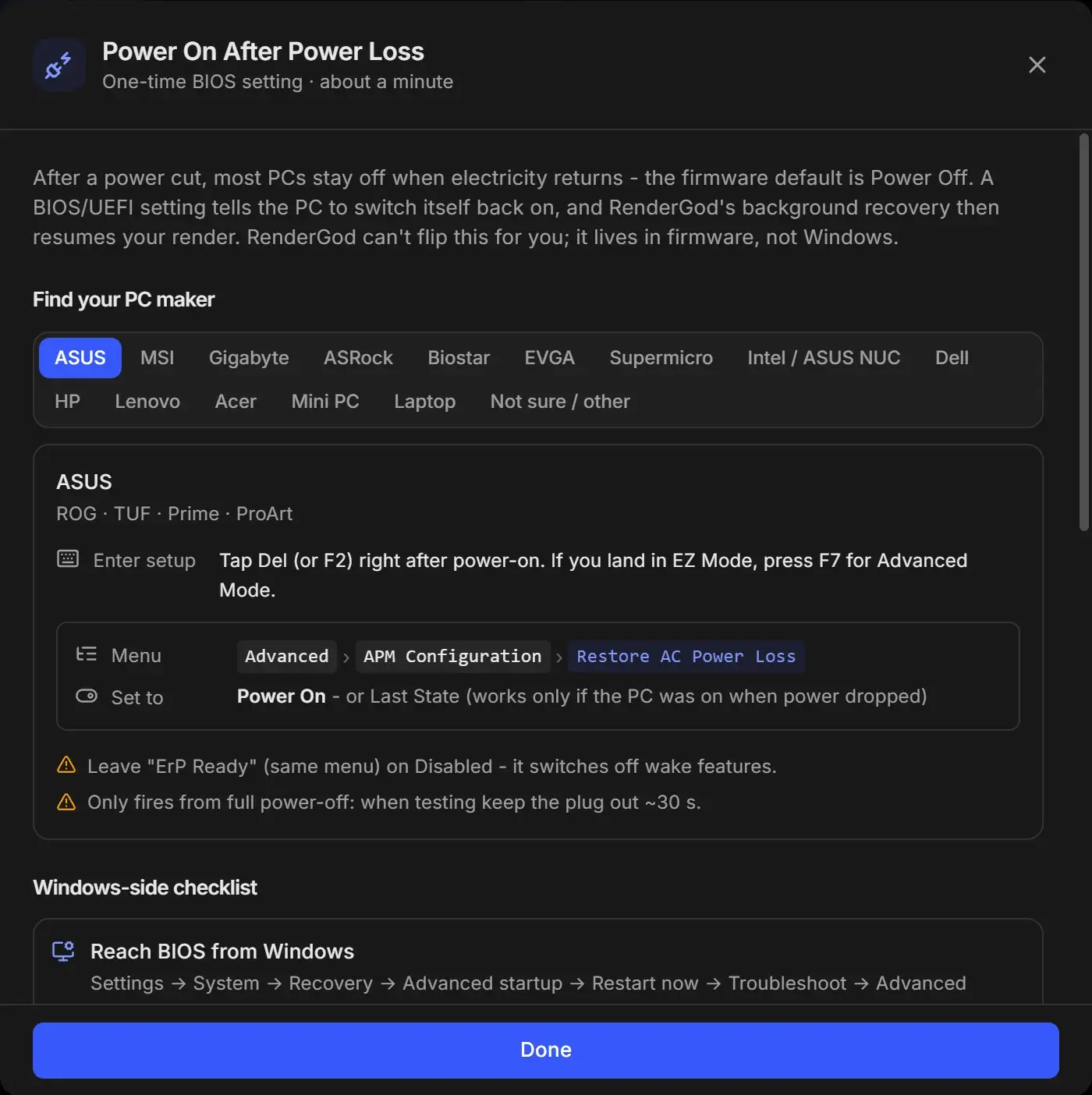 Power On After Power Loss guide with ASUS selected, showing how to enter setup, the menu path Advanced, APM Configuration, Restore AC Power Loss, and the value Power On