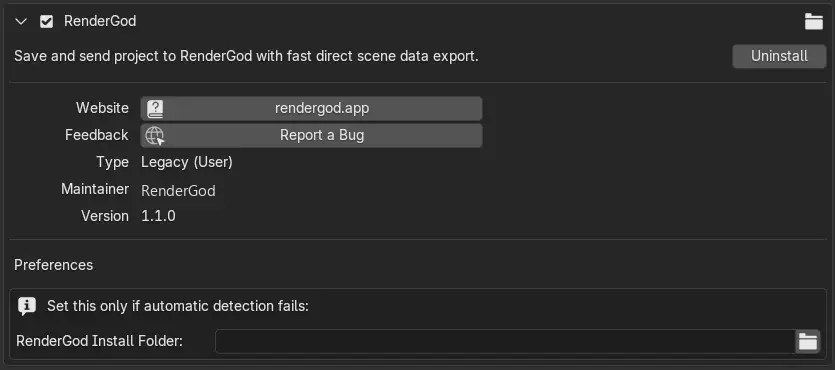 Blender Preferences Add-ons entry for RenderGod expanded, with the description Save and send project to RenderGod with fast direct scene data export, Website, Report a Bug, Type Legacy (User), Maintainer RenderGod, Version 1.1.0, and the RenderGod Install Folder preference
