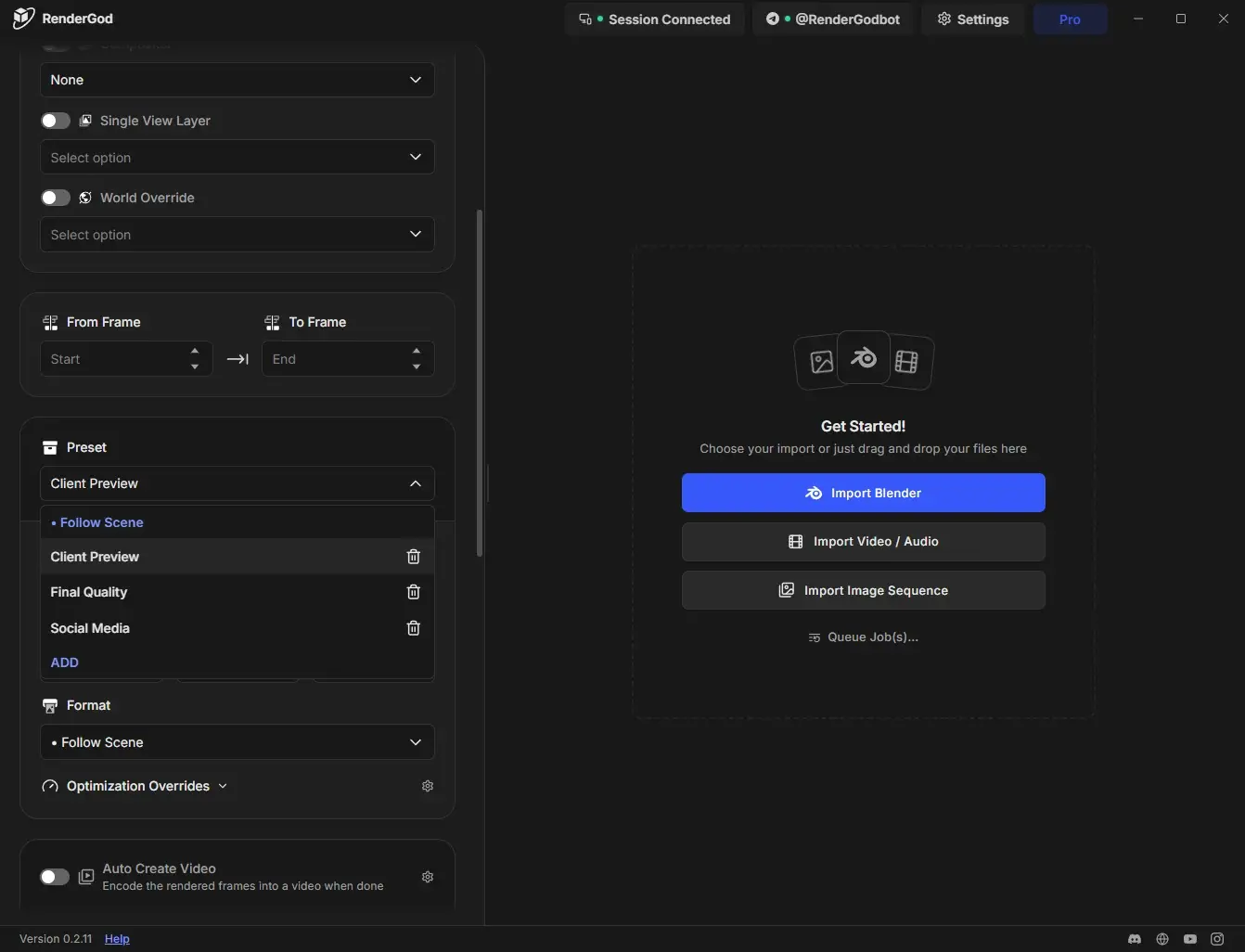 Preset dropdown open with Follow Scene, Studio Draft, Client Preview and Final Delivery, with a delete button next to each custom preset