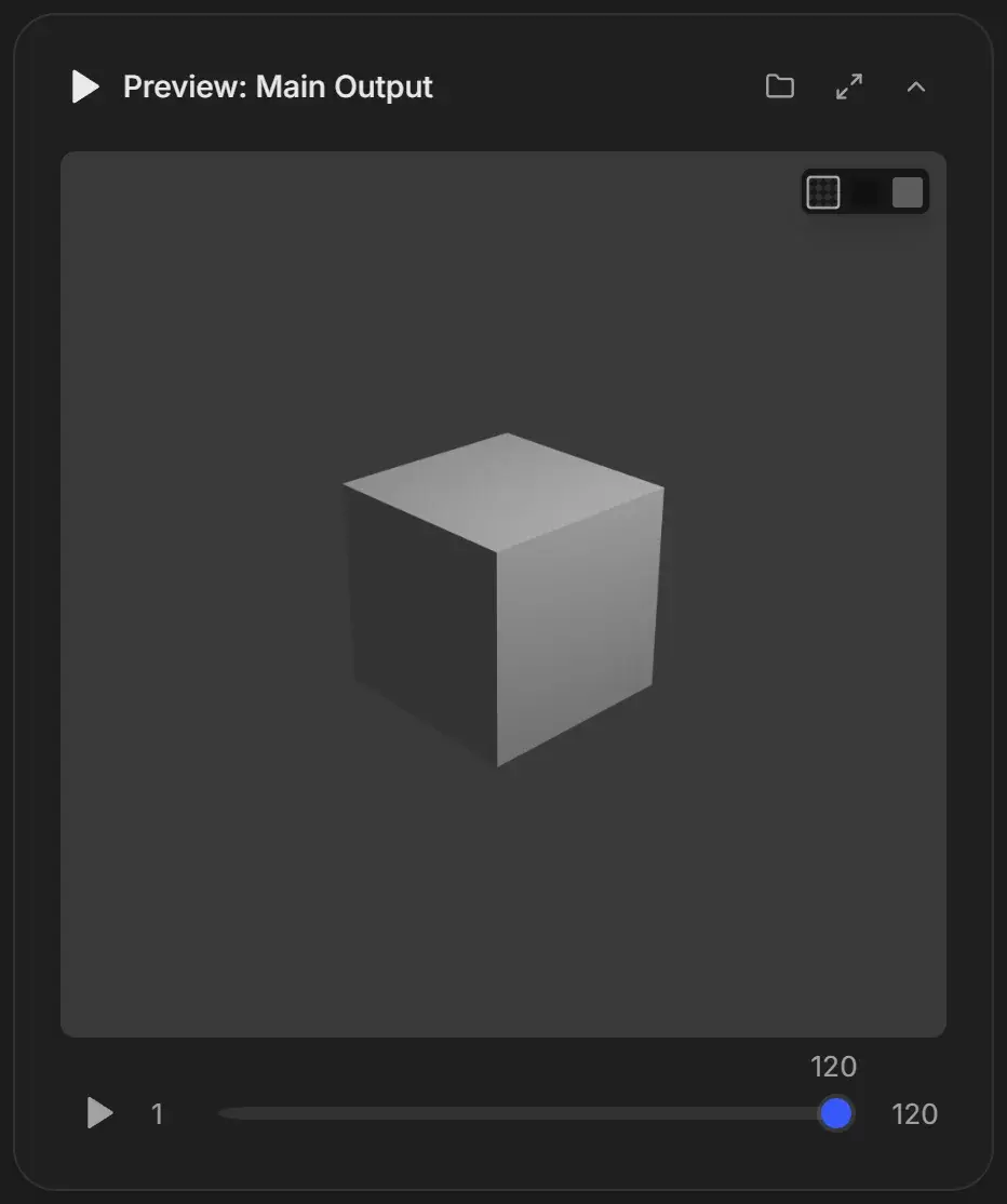 Preview: Main Output card for a finished 120-frame render with Open export folder, pop-out and collapse buttons, three background swatches, a play button and the frame slider