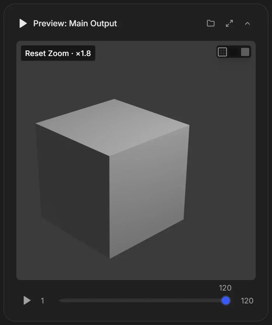 Preview zoomed in on the cube with a Reset Zoom · ×1.8 chip in the top-left corner