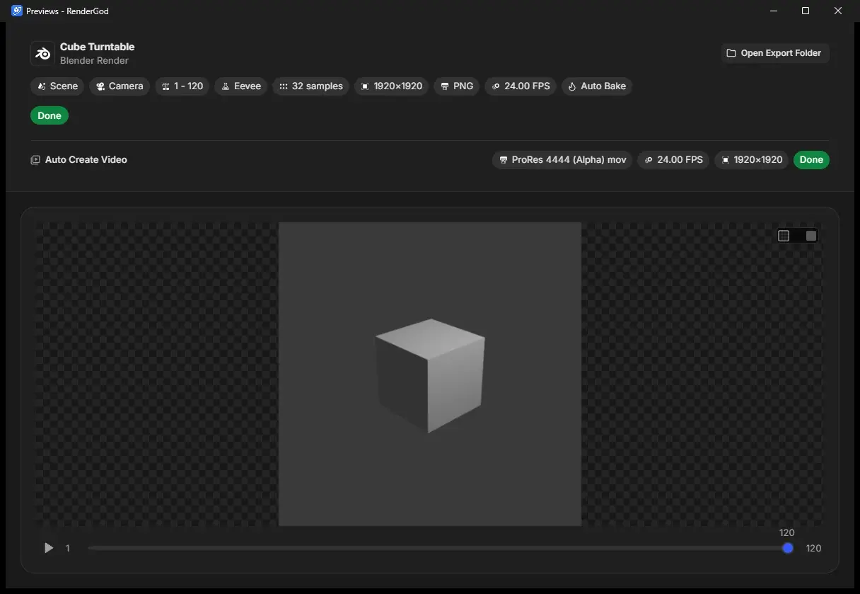 Previews - RenderGod window for the finished Cube Turntable job, with its badges, Done status, Auto Create Video row, Open Export Folder button and a large preview of frame 120 on a checkerboard background