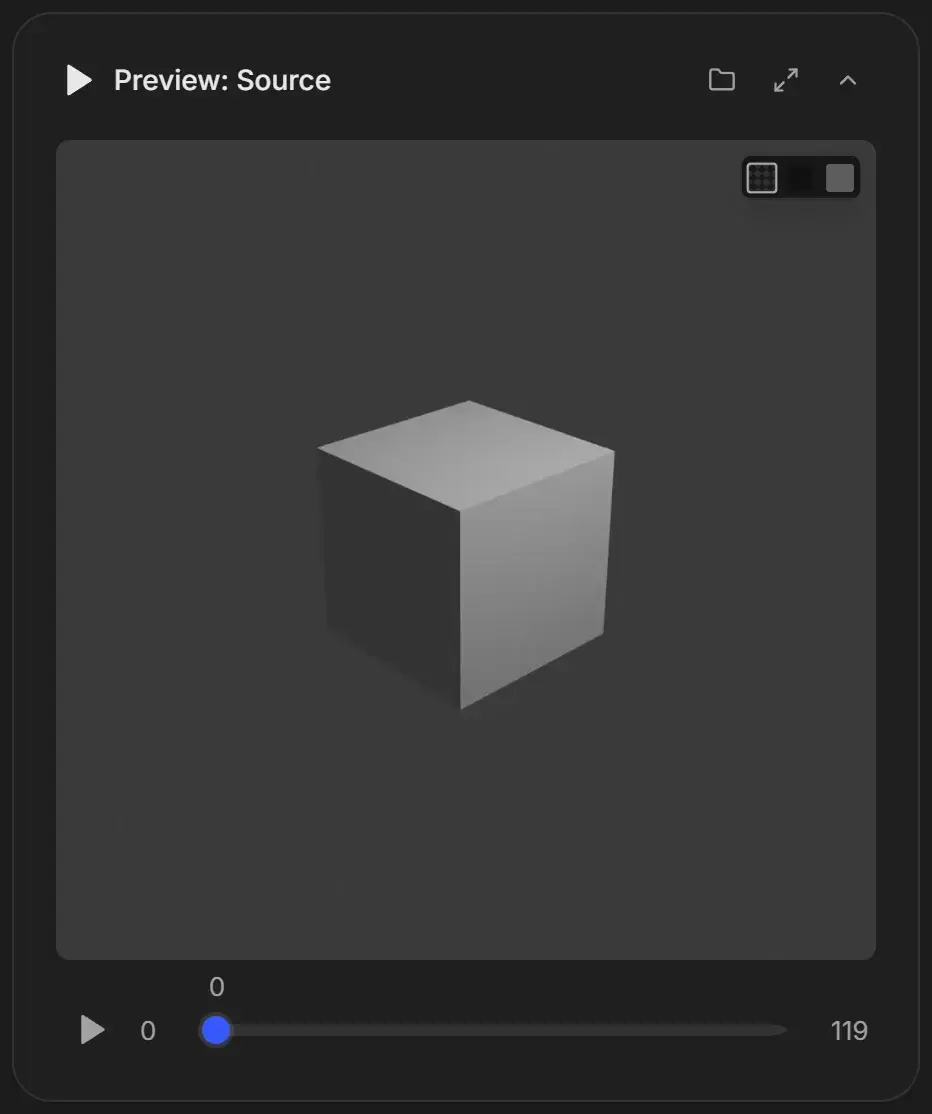 Preview: Source card for a video conversion job showing the first frame of a cube turntable