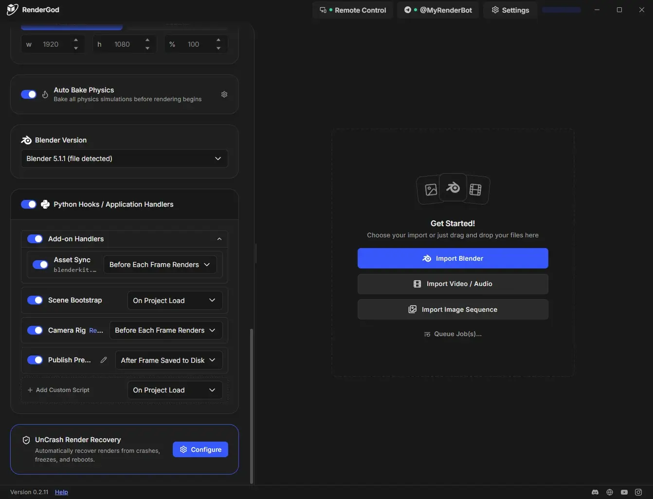 Python Hooks and Application Handlers enabled, with expanded add-on handlers, project handlers, a rerouted Camera Rig handler and a custom Publish Preview script