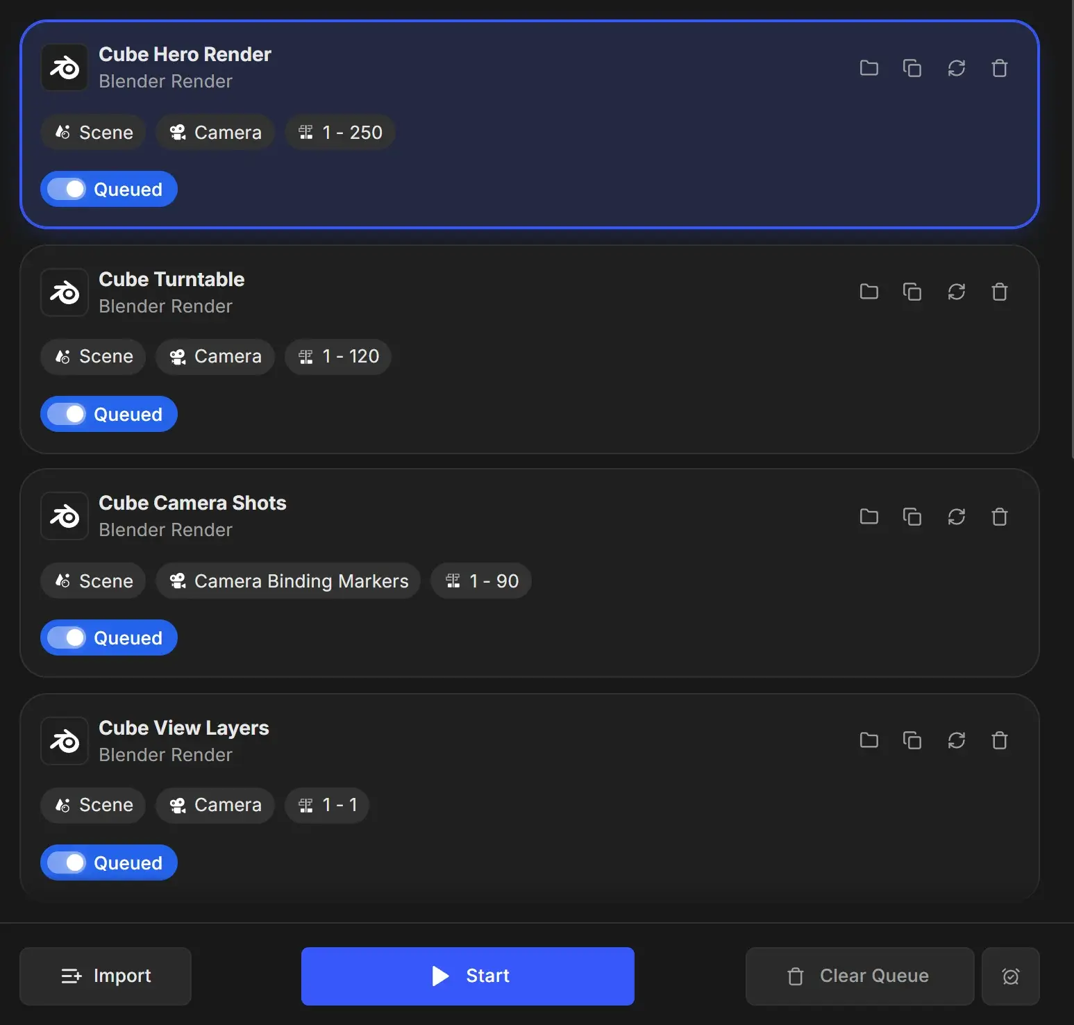 Render queue with Cube Hero Render selected and highlighted, followed by Cube Turntable, Cube Camera Shots and Cube View Layers, each showing Scene, Camera and frame range badges and a Queued switch