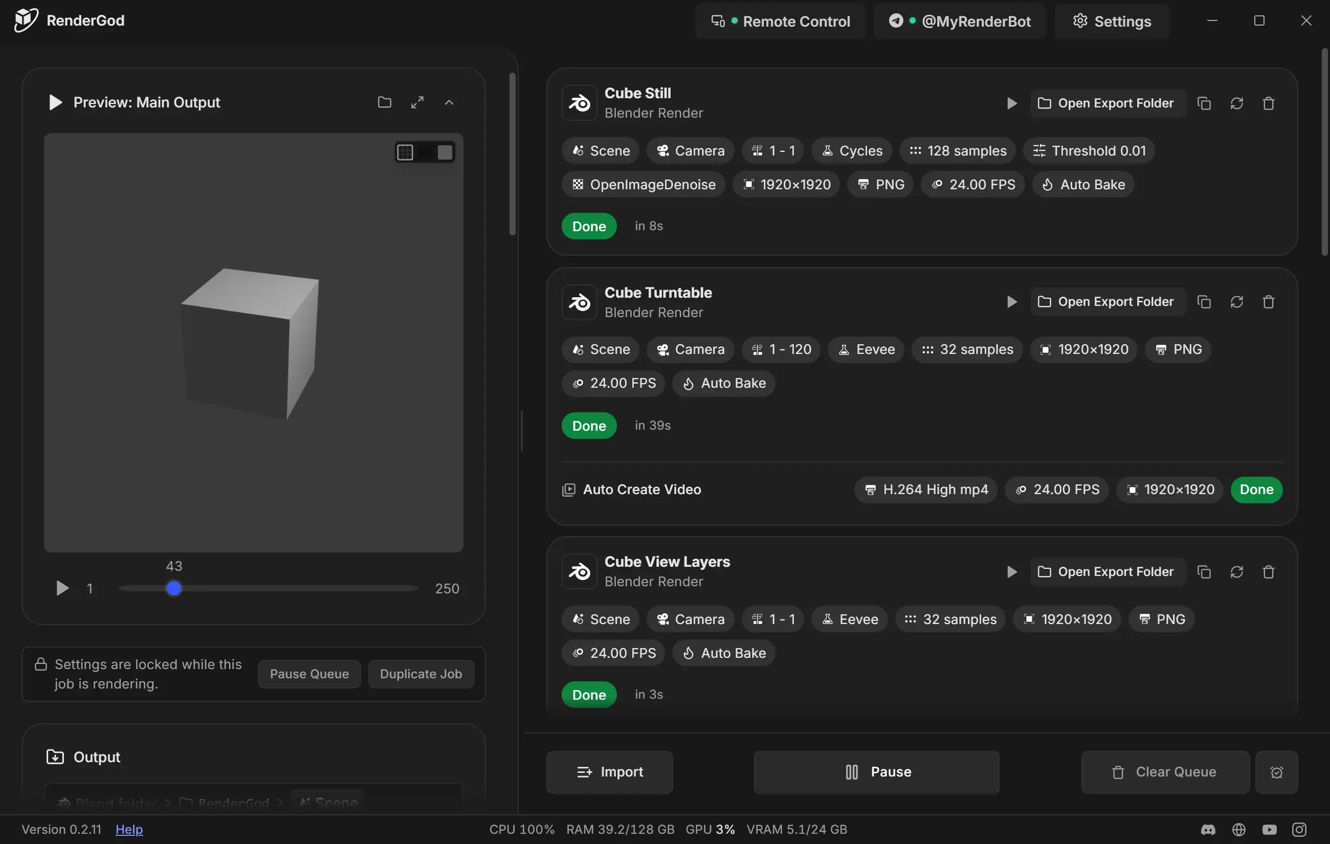 RenderGod window during a render with finished Cube Still, Cube Turntable and Cube View Layers jobs, each showing badges for scene, camera, frames, engine, samples, resolution, format, frame rate and Auto Bake, and the Pause button in the toolbar