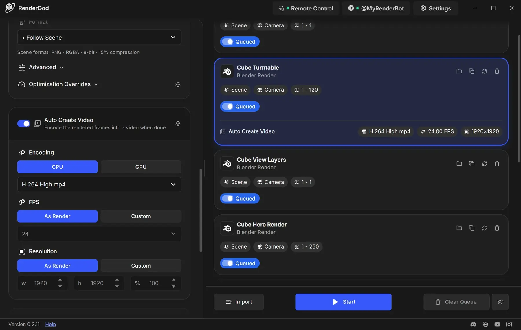 RenderGod window with the render settings of the selected job on the left and the render queue on the right, showing queued Blender Render jobs and the Import, Start, Clear Queue and When Done buttons at the bottom