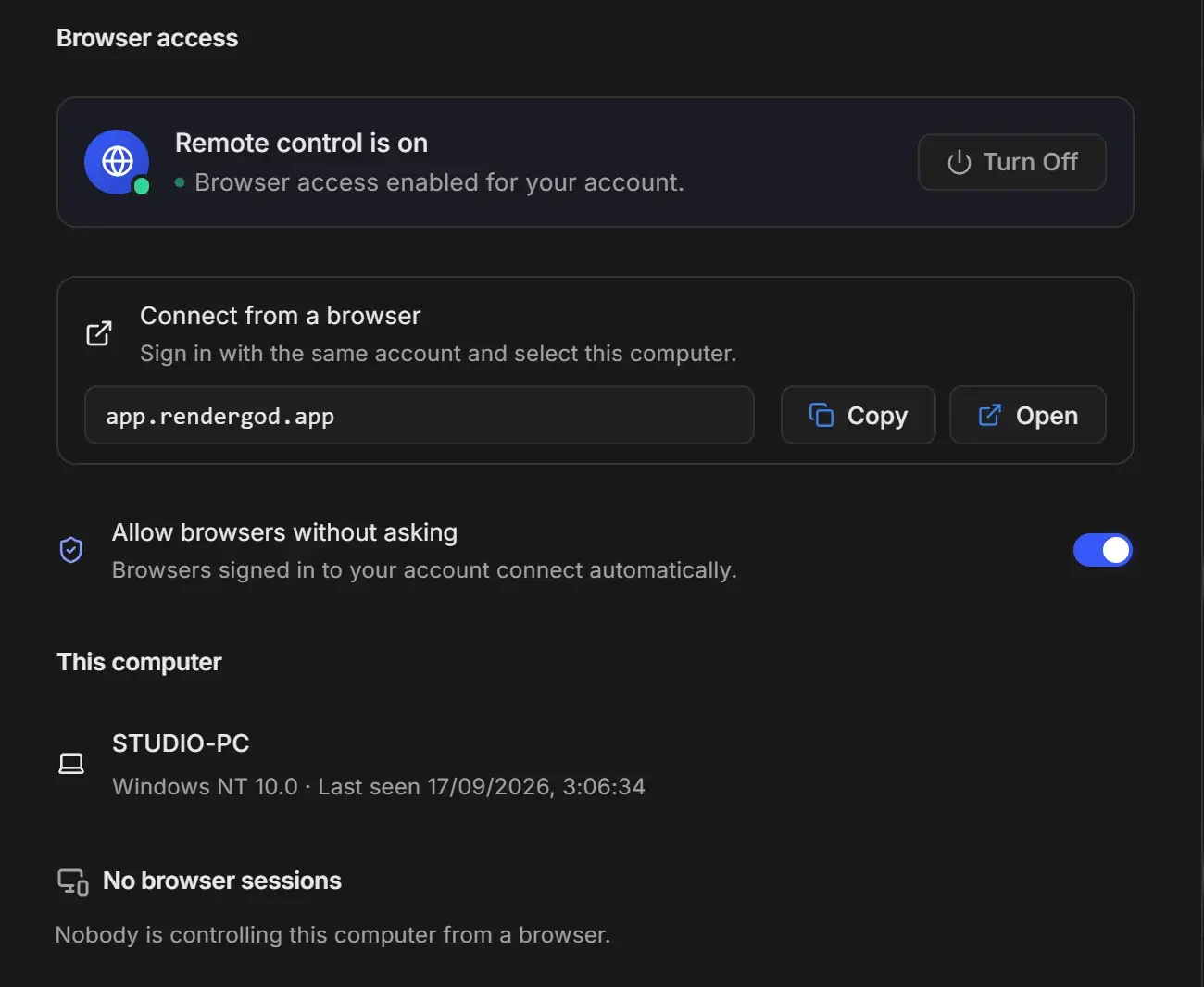 Remote Control settings showing Remote control is on, the address app.rendergod.app with Copy and Open buttons, and Allow browsers without asking