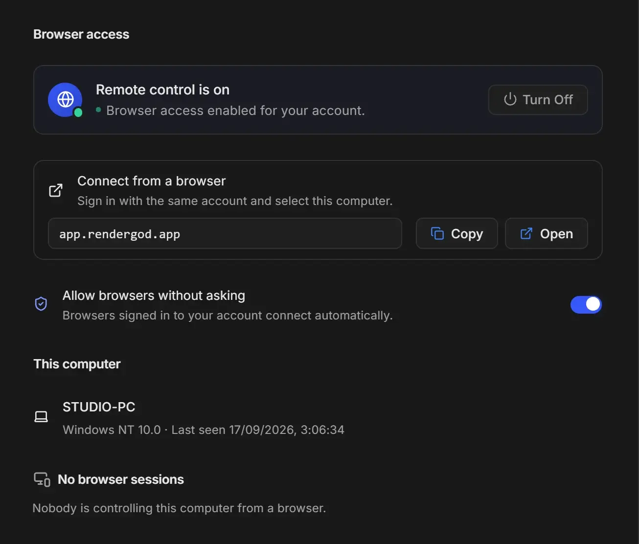 Remote Control settings with Remote control is on and a Turn Off button, the Connect from a browser panel showing app.rendergod.app with Copy and Open, Allow browsers without asking switched on, This computer named STUDIO-PC, and No browser sessions