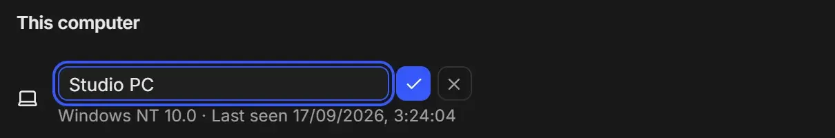 This computer name field being edited to Studio PC, with save and cancel buttons and the line Windows NT 10.0 and last seen time
