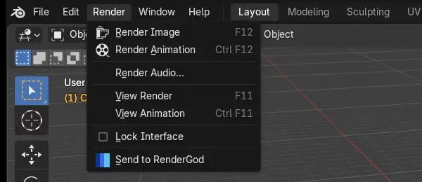 Blender Render menu open with Send to RenderGod as the last item, below Lock Interface