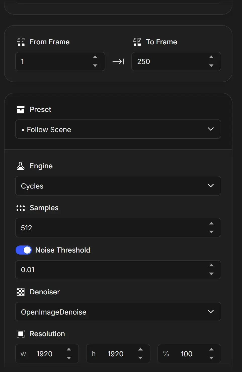 Render settings panel next to the queue, with the Cube Hero Render job selected and its frame range 1 to 250, preset, Cycles engine, samples, noise threshold, denoiser and resolution visible