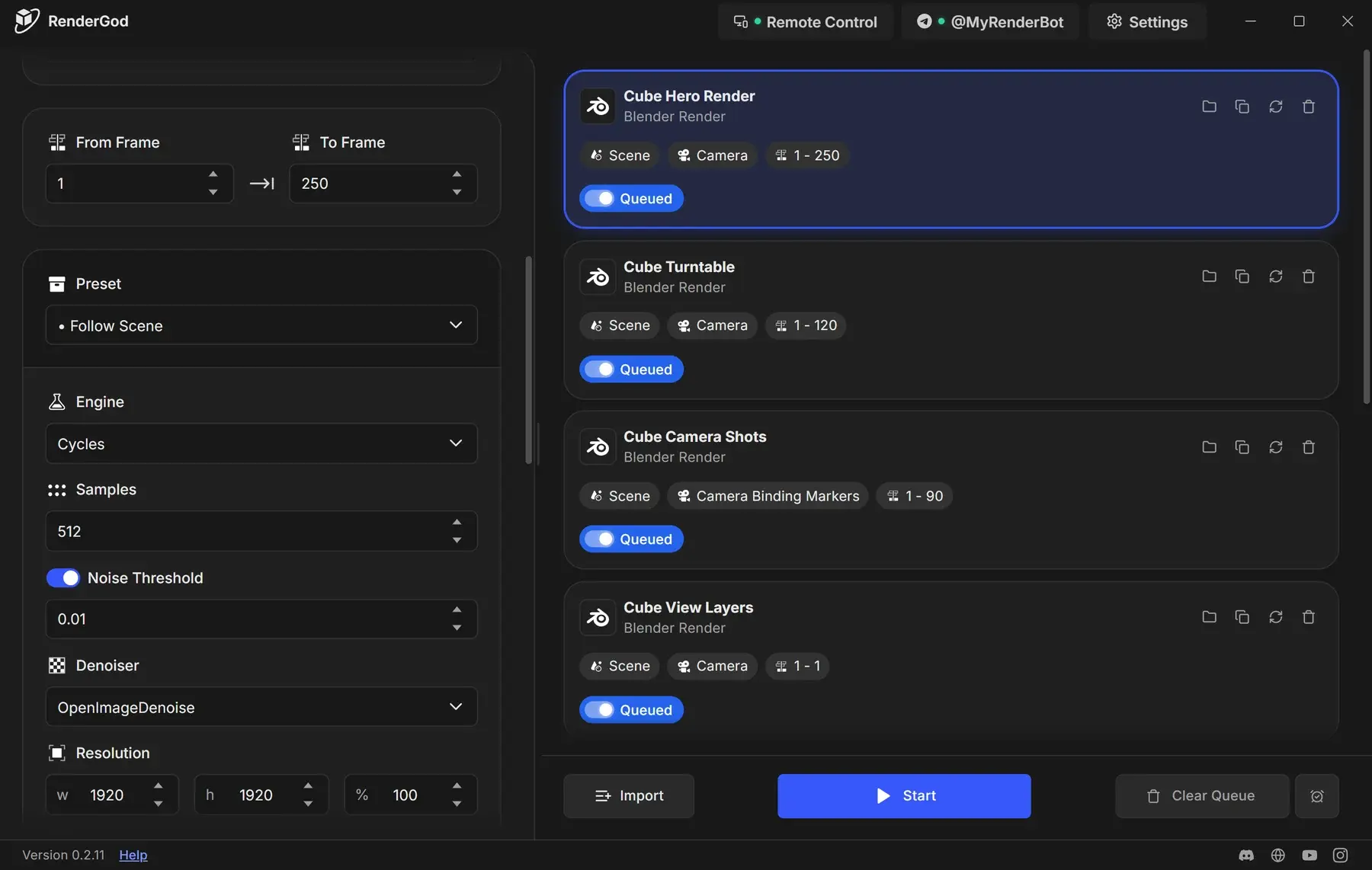 RenderGod window with the render settings panel on the left showing frame range, preset, engine, samples, noise threshold, denoiser and resolution for Cube Hero Render, and the render queue on the right