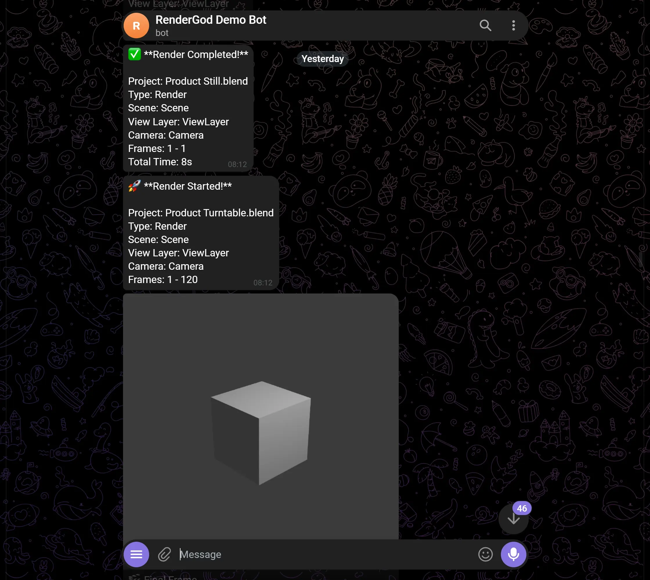 Telegram chat with a RenderGod demo bot showing connection, render started, status and render completed messages
