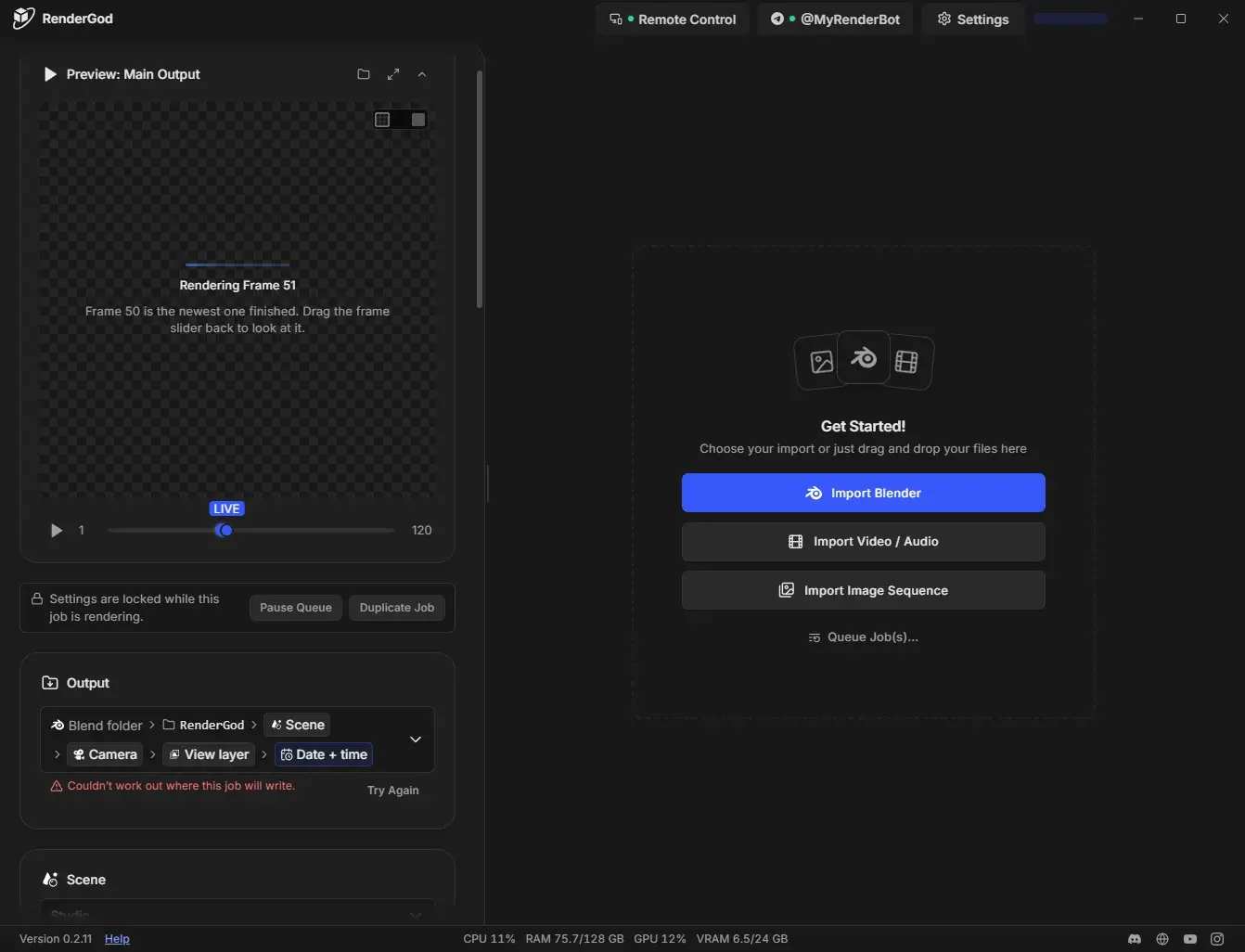 Live preview message Rendering Frame 51, explaining that frame 50 is the newest finished frame