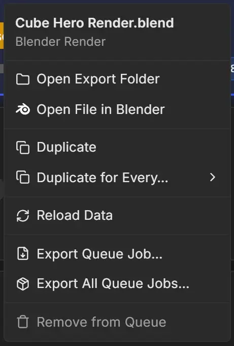 Right-click menu on the rendering job Cube Hero Render.blend with Remove from Queue greyed out