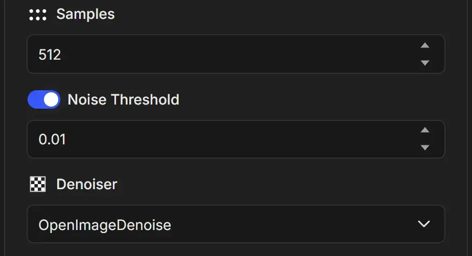 Samples set to 512, Noise Threshold switched on with the value 0.01, and Denoiser set to OpenImageDenoise