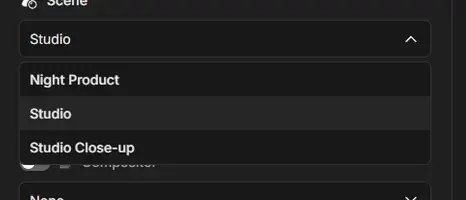 Scene dropdown open with Night Product, Studio and Studio Close-up scenes available
