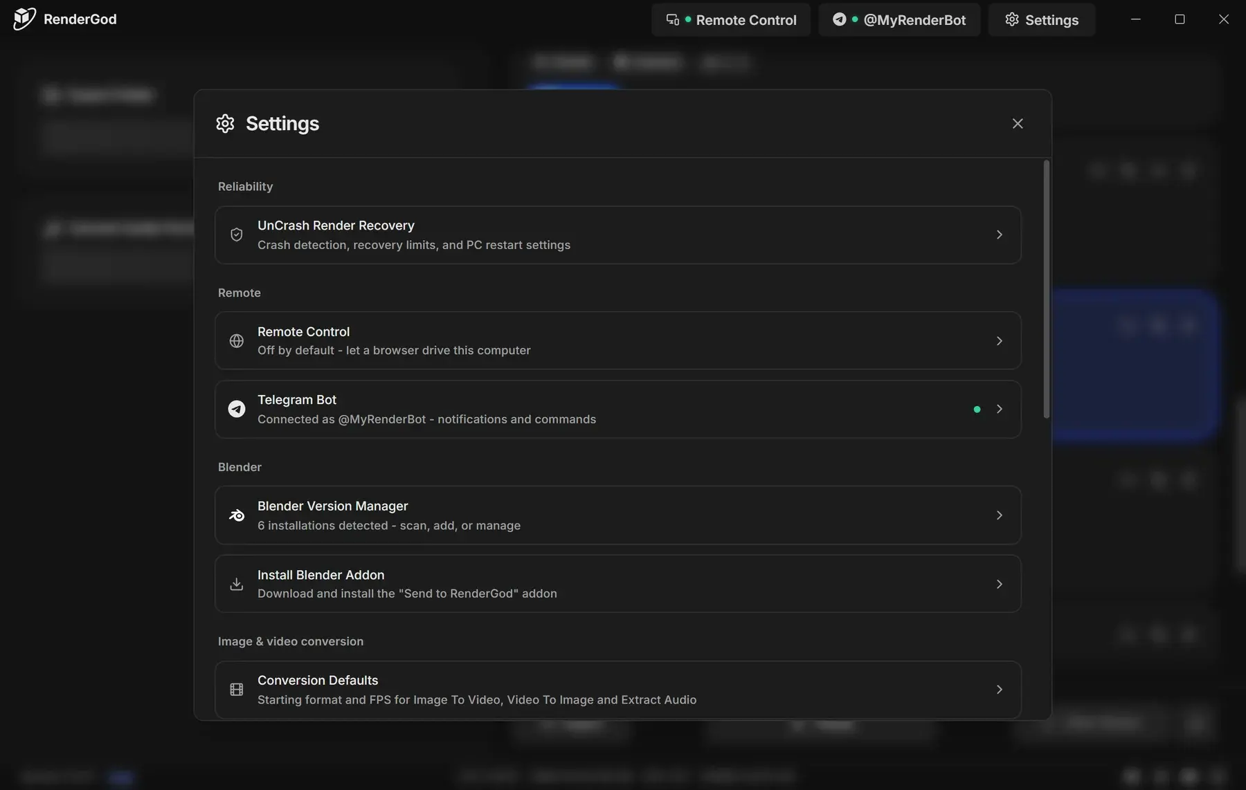 RenderGod Settings dialog open on the home list, showing UnCrash Render Recovery under Reliability, Remote Control and Telegram Bot under Remote, Blender Version Manager and Install Blender Addon under Blender, and Conversion Defaults
