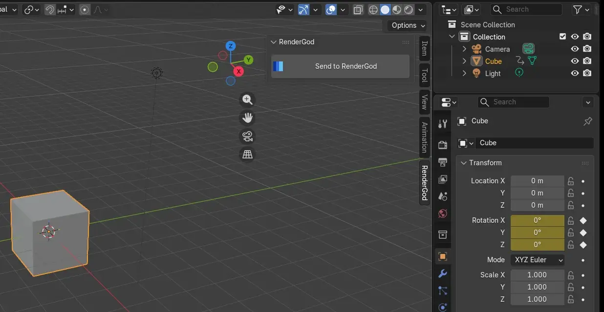 Blender 3D Viewport with the sidebar open on the RenderGod tab, showing the RenderGod panel and its Send to RenderGod button