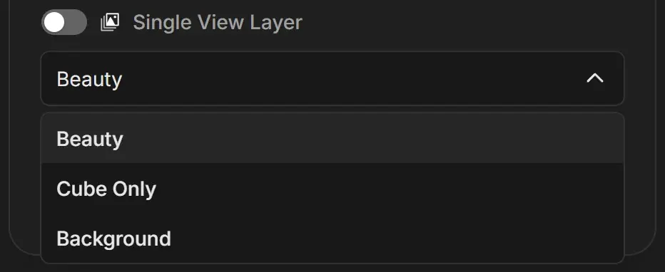 Single View Layer dropdown open, listing the view layers Beauty, Cube Only and Background