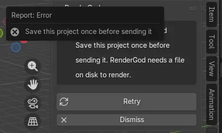 Blender error report popup reading Save this project once before sending it, above the RenderGod panel